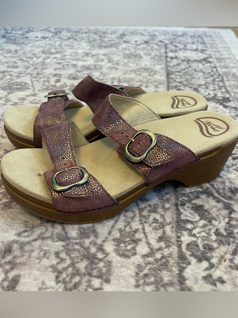 Dansko Metallic Plum Leather Slide Clogs with Buckles